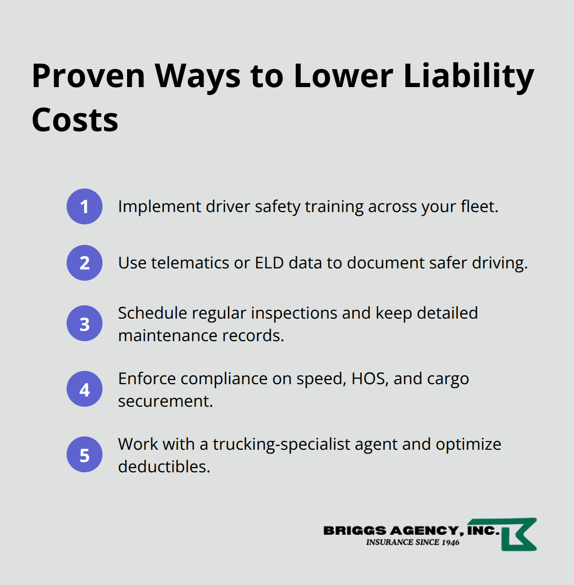 Compact list of actionable steps to reduce commercial truck liability premiums