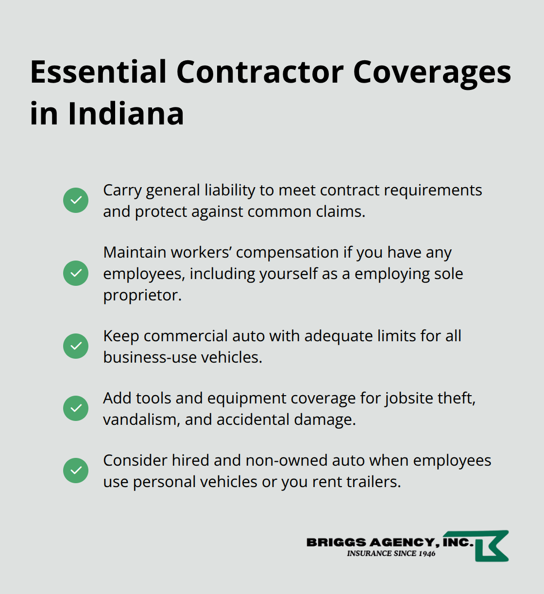 Checklist of must-have insurance coverages for Indiana contractors