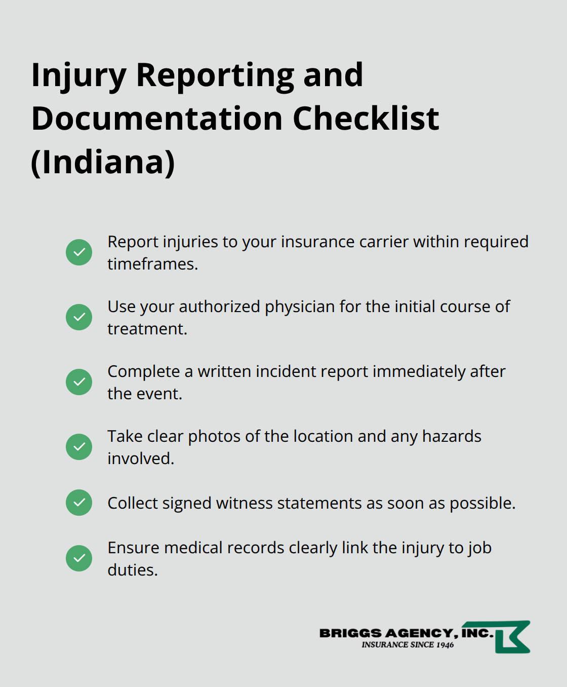 Checklist of best practices to report and document workplace injuries for smoother workers’ comp claims.