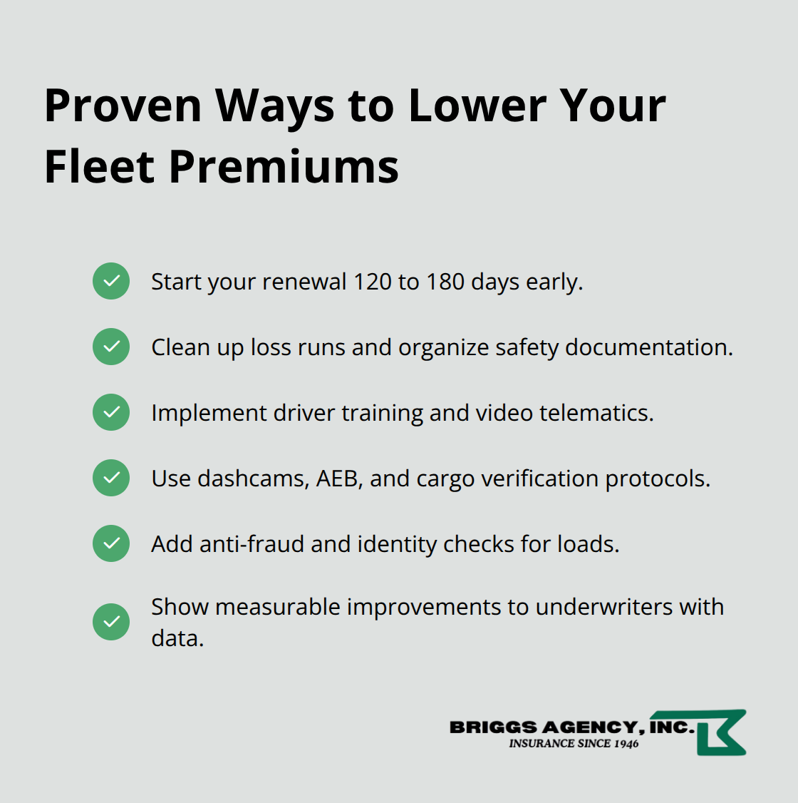 Checklist of actionable steps fleets can take to reduce insurance premiums and improve underwriting results.