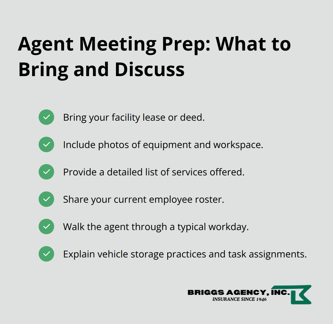 Checklist of documents and discussion points to cover with an insurance agent for garage workshops. - Garage workshop insurance Indiana