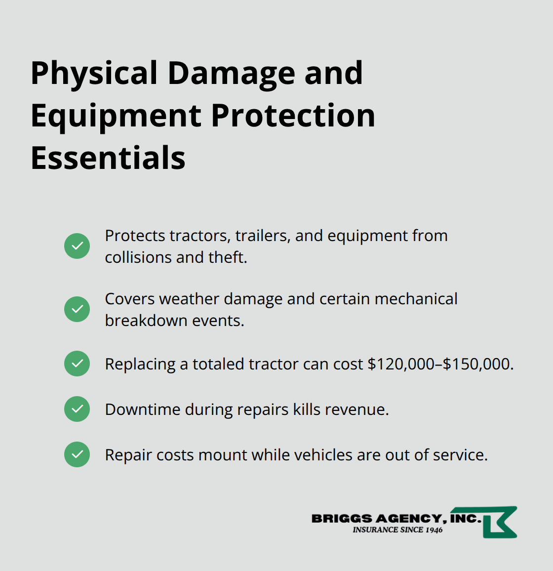 Checkmark list highlighting key protections and costs for physical damage and equipment coverage. - Motor carrier insurance Indiana