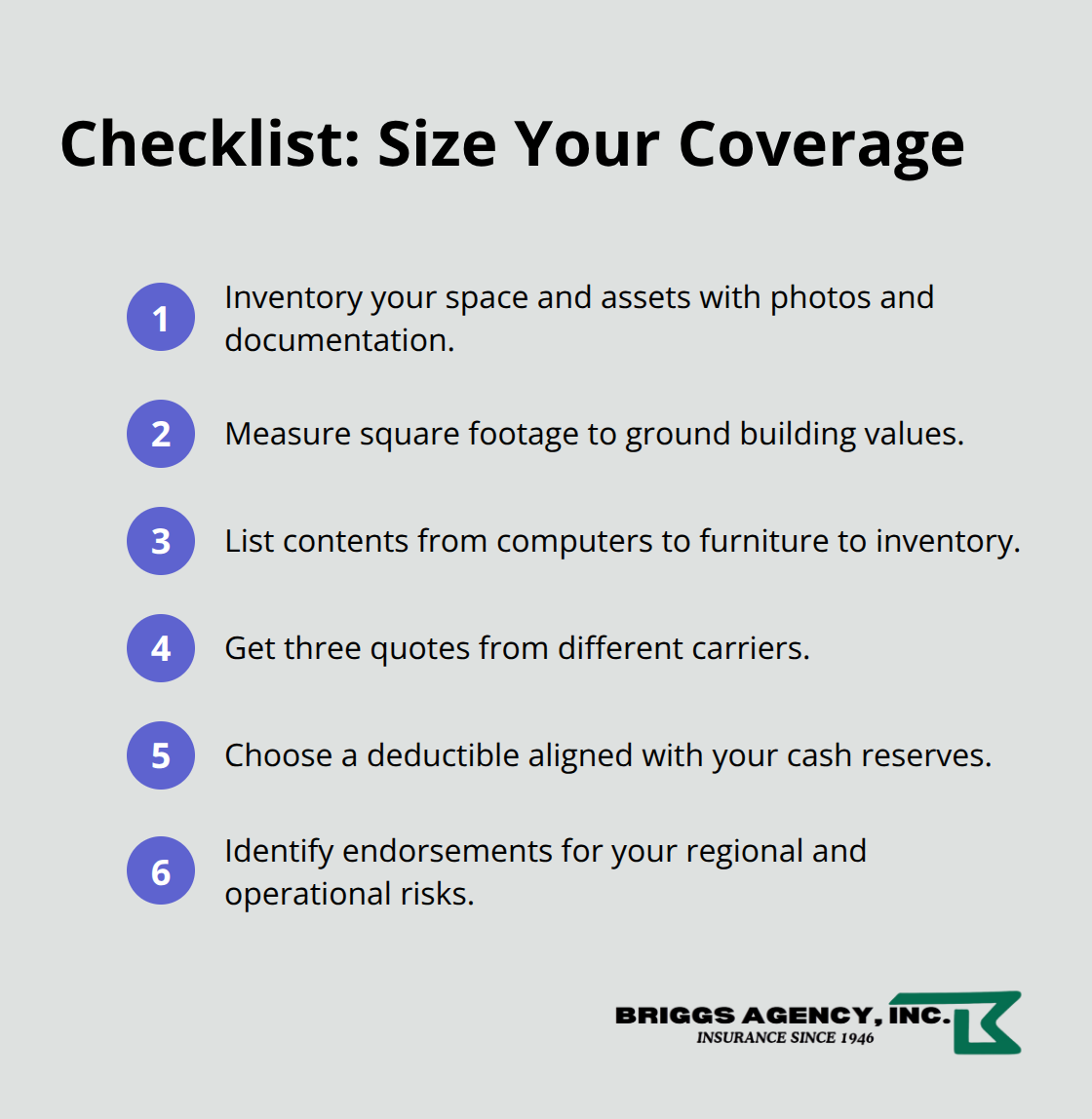 Compact checklist of steps to right-size office property insurance.