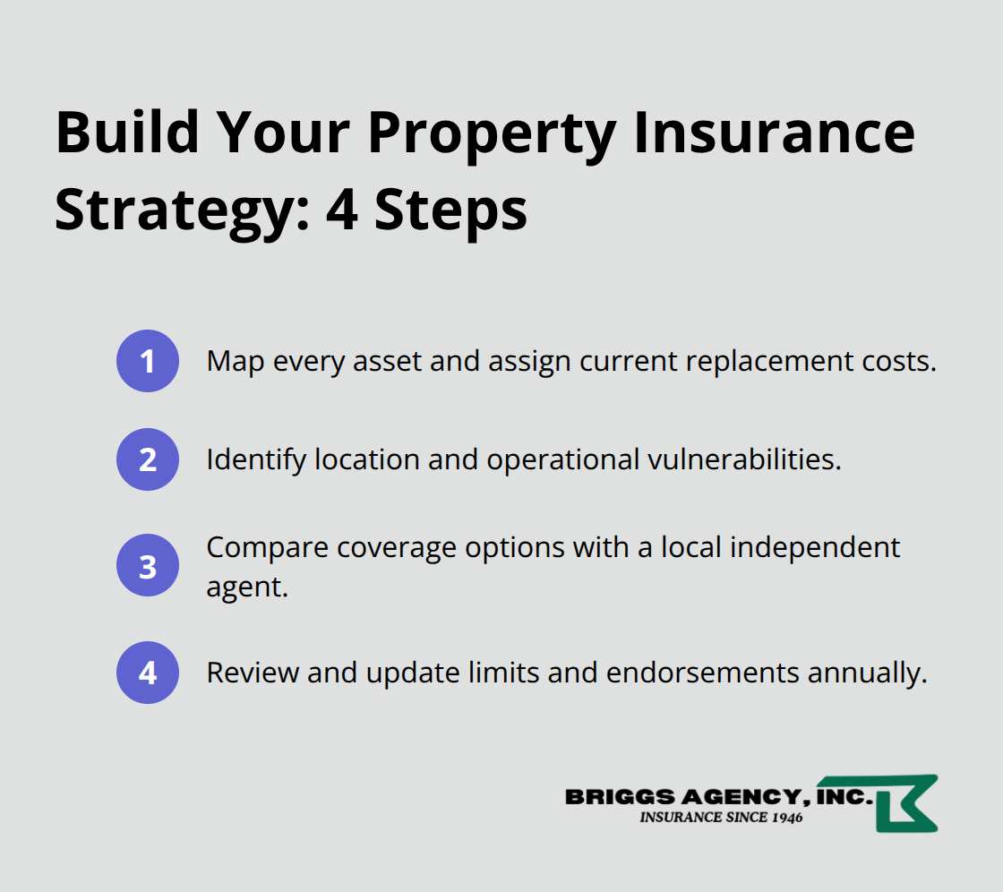 Compact ordered list of four steps U.S. business owners can follow to tailor property insurance - Property insurance for businesses