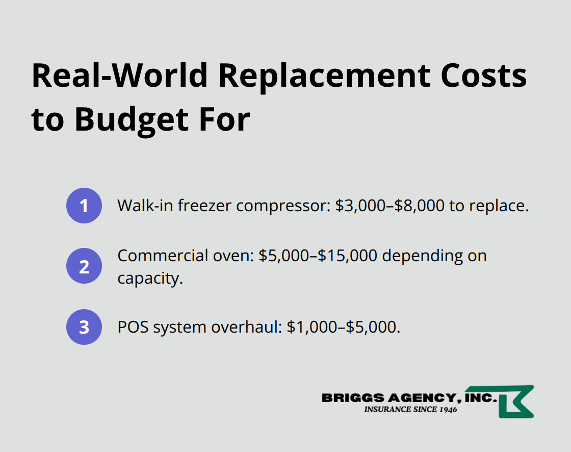A compact list summarizing typical replacement cost ranges for critical restaurant equipment. - Restaurant equipment breakdown insurance
