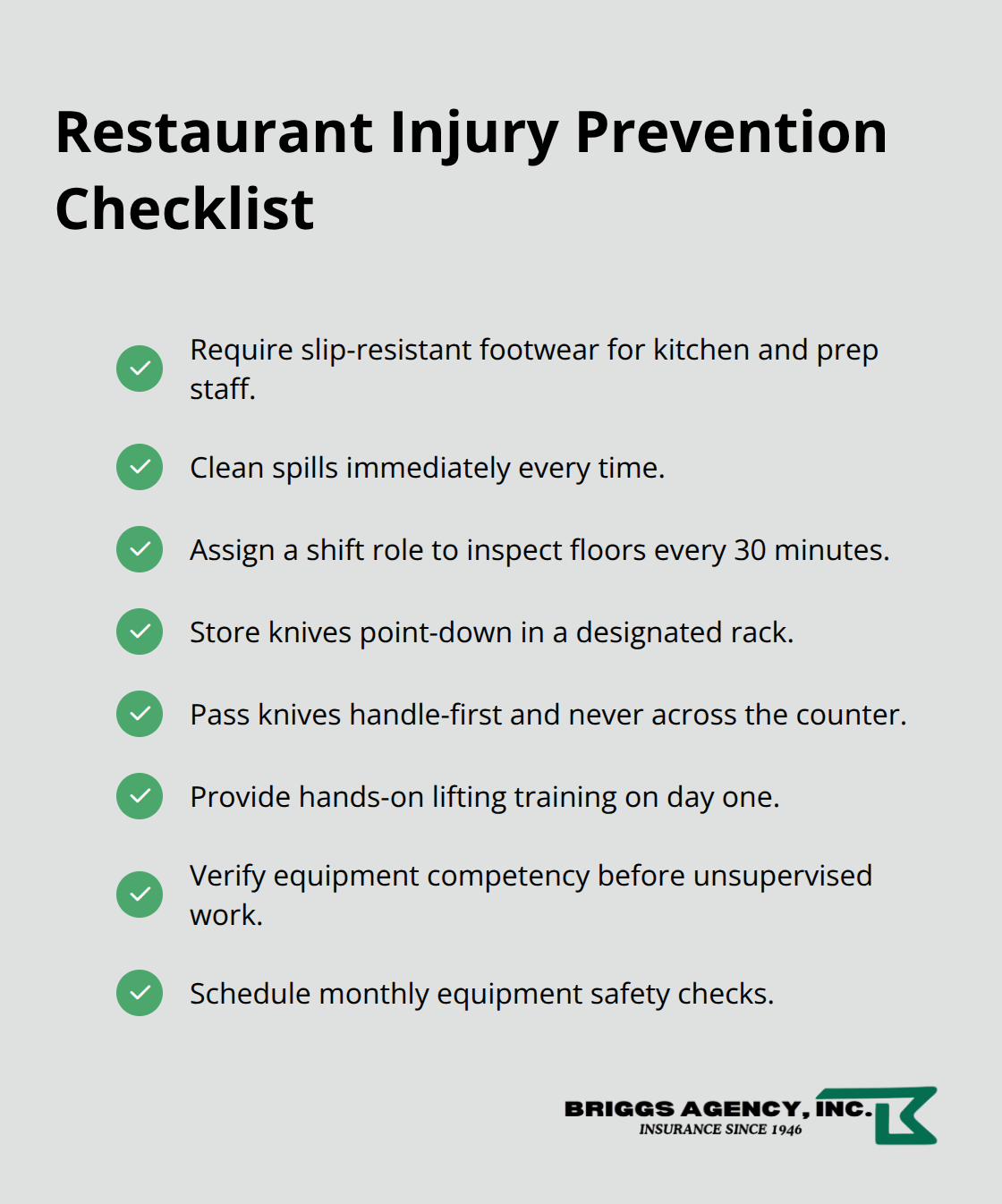 Checklist of practical steps restaurants can take to prevent common workplace injuries