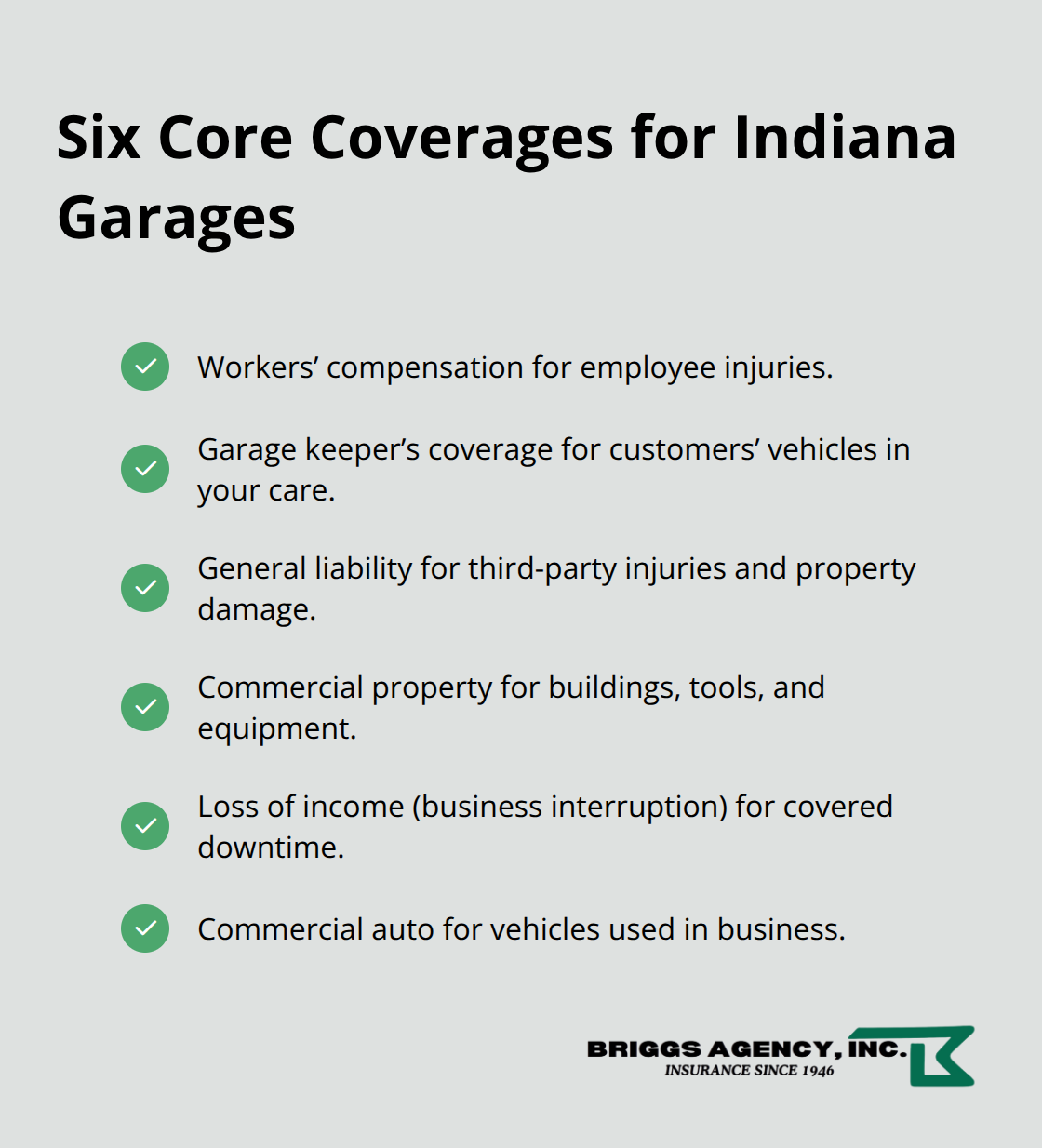 Checklist of six essential insurance coverages for small auto repair shops in Indiana.