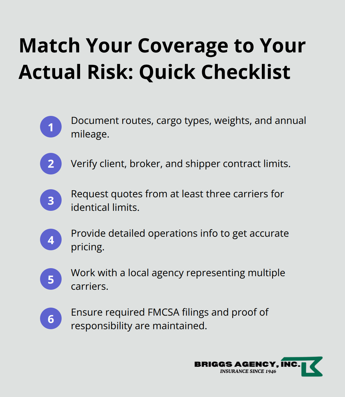 Compact checklist of steps to align trucking liability coverage with real-world risk - Truckers liability insurance Indiana